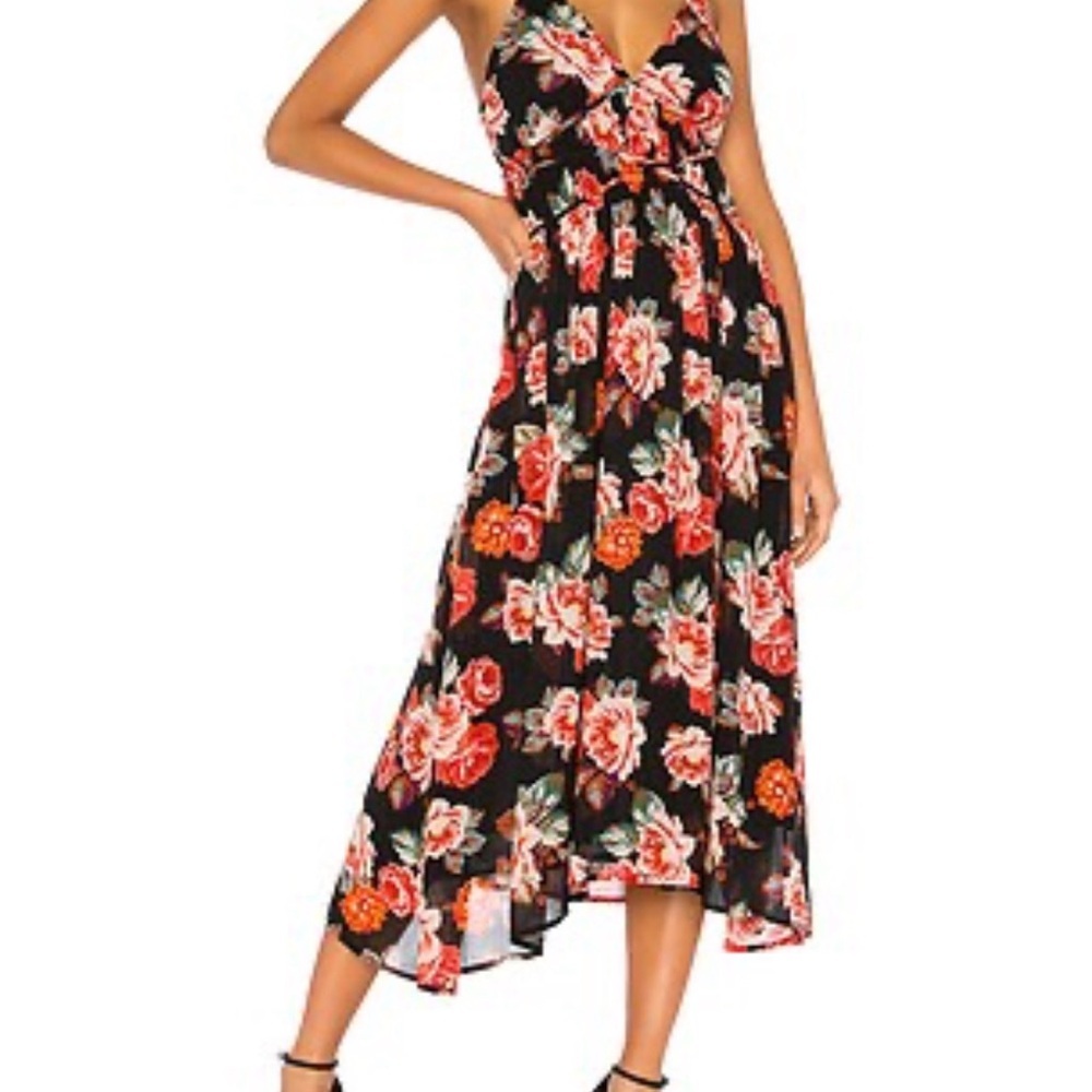 ASTR The Label Marissa Dress Dark Floral Witchy Handkerchief Hem Flowy Boho